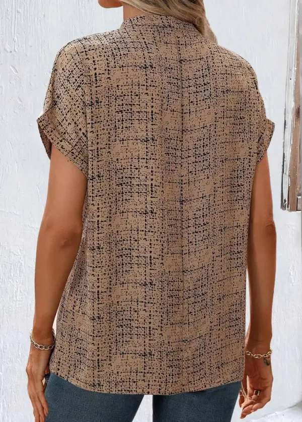 Light Coffee Split Geometric Print Short Sleeve Blouse