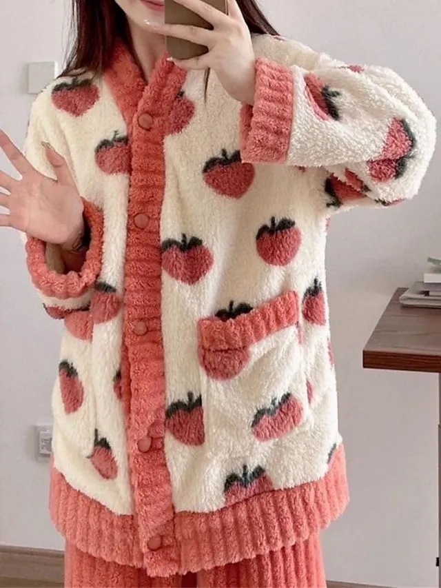 Women's Fleece Fluffy Fuzzy Warm Pajamas Sets Fruit Fashion Casual Comfort Home Daily Bed Flannel Warm V Wire Long Sleeve Cardigan Pant Button Pocket Fall Winter Pink Red