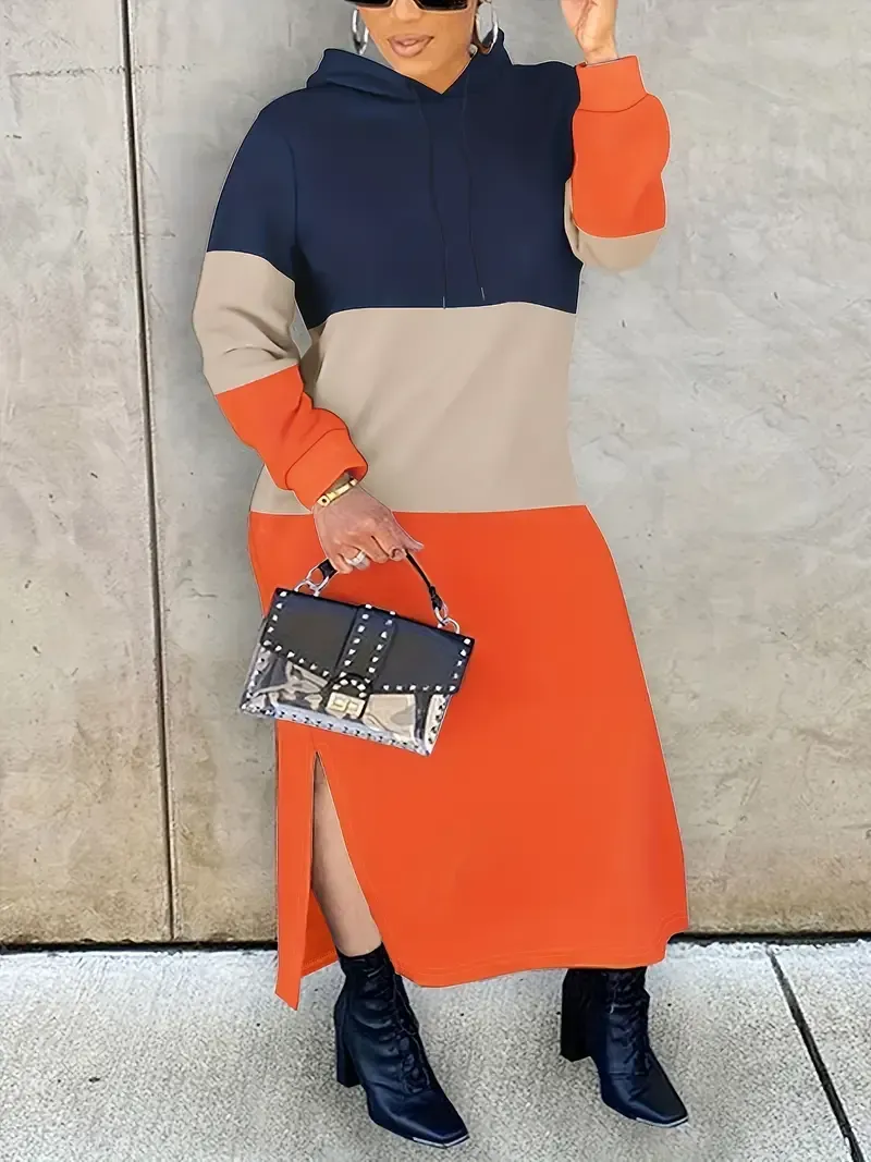 [Popular Choice] Color Block Hooded Sweatshirt Dress with Slit Detail, Knit Polyester and Spandex Blend, Machine Washable - Ideal for Spring/Summer/Fall