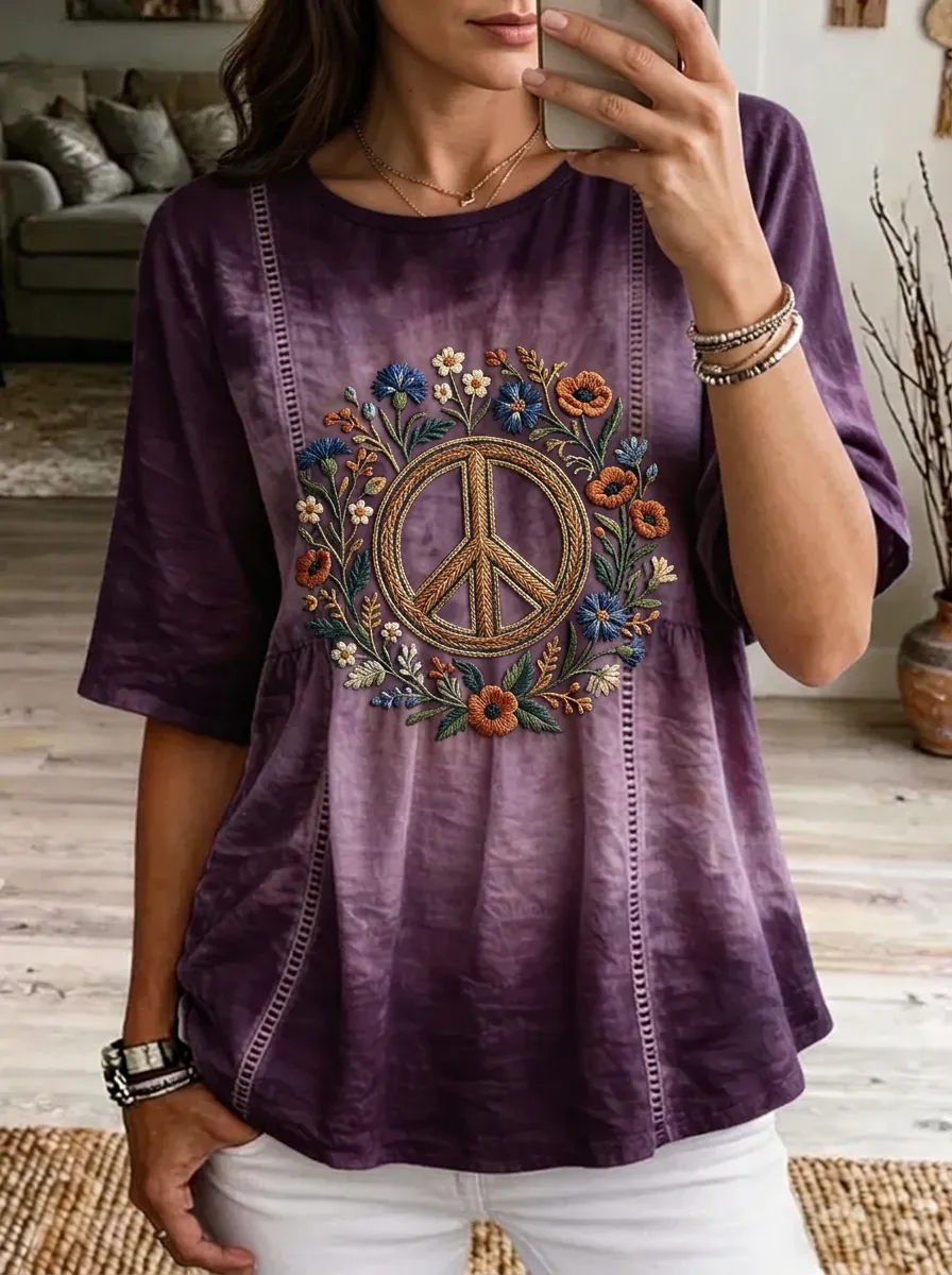 Women's Nashville Floral Peace Sign Embroidered Printed T-shirt