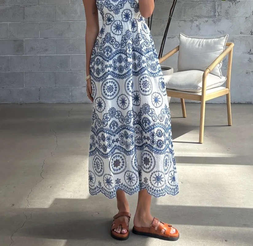 Embroidered Cap Sleeve Midi Dress
