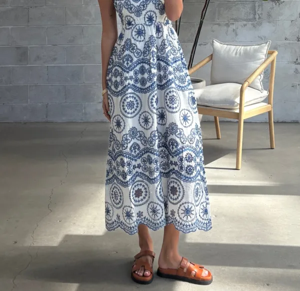 Embroidered Cap Sleeve Midi Dress