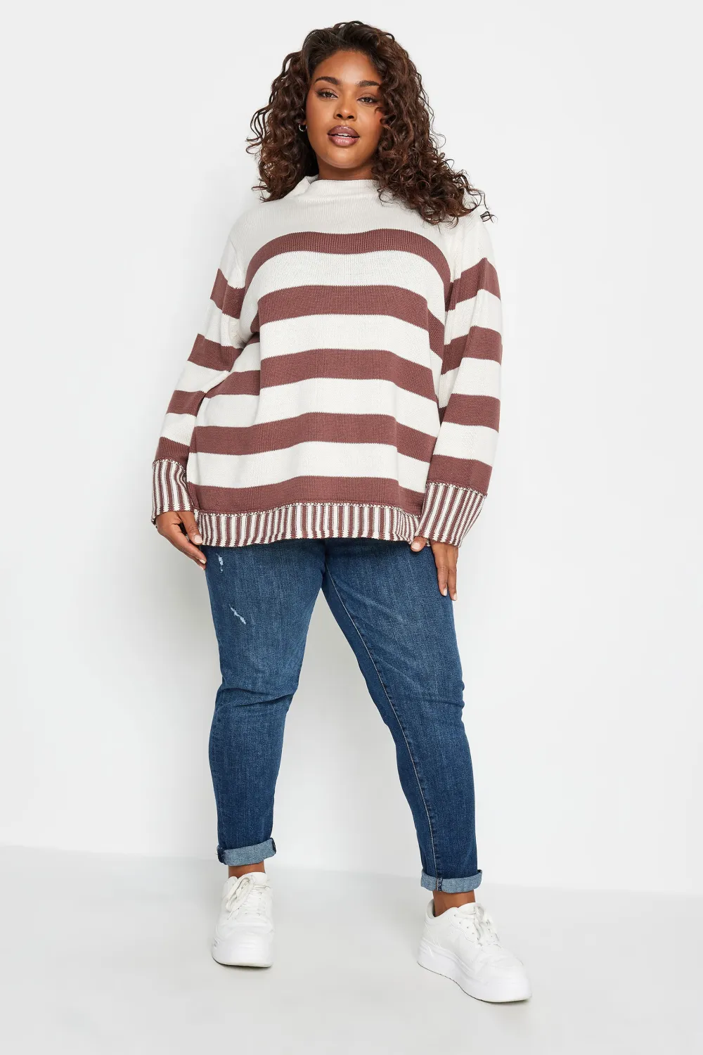 YOURS Curve White & Brown Stripe Jumper
