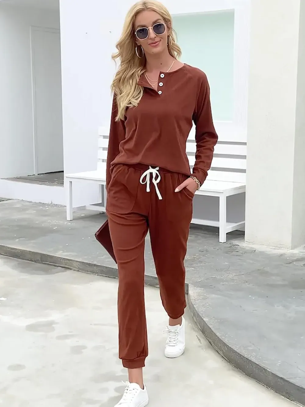 Two Piece Outfits for Women Lounge Sets Button Down Sweatshirt Sweatpants Sweatsuits Set with Pockets