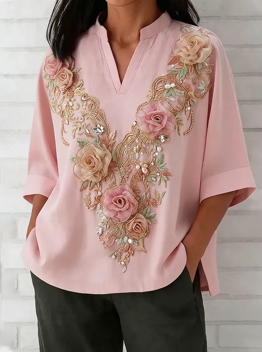 Women's Nashville Floral 3D Rose Embroidered V-Neck Top