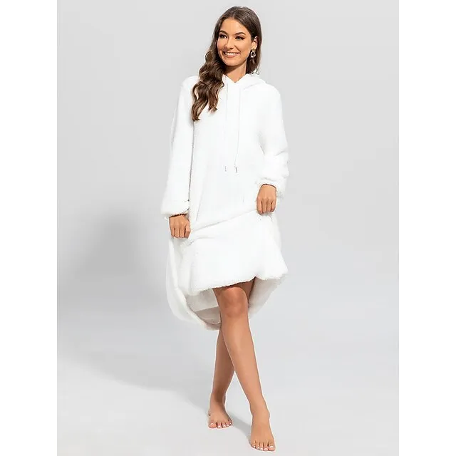 Women's Hoodie Dress Casual Dress Midi Dress Teddy Fleece Warm Home Daily Weekend Hoodie Pocket Drawstring Pure Color 2023 Regular Fit White Lavender Khaki S M L XL 2XL