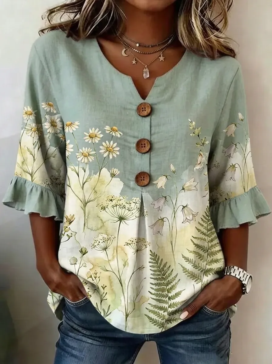 Women's Nashville Floral Daisy Fern Printed Button V-Neck Top