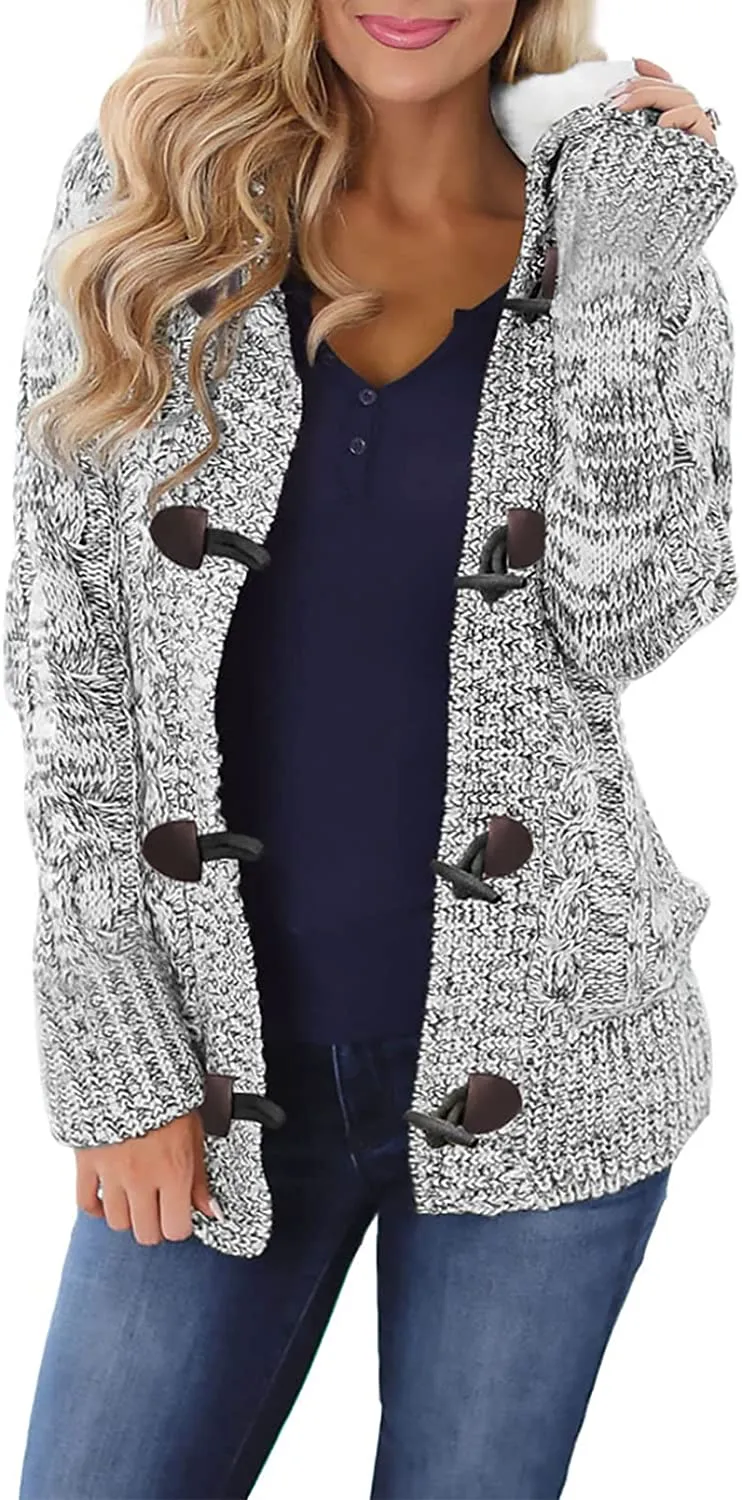 Womens Hooded Cardigans Button Up Cable Knit Sweater Coat Outerwear with Pockets