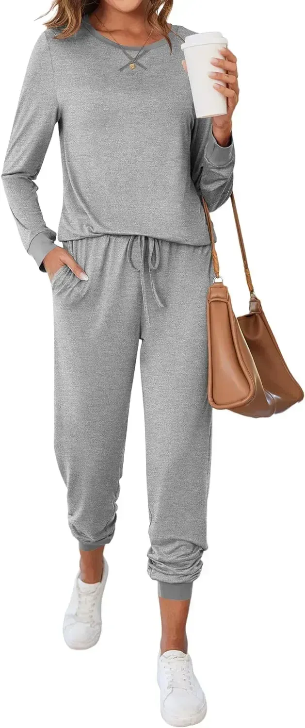 Women's Pajamas Sets Long Sleeve with Plaid Pants Soft Sleepwear O Neck 2 Piece Pjs Joggers Loung Set with Pockets