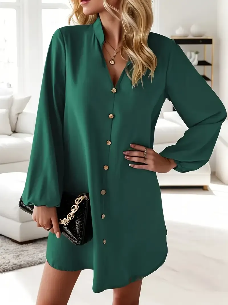 Chic Solid Color V-Neck Long Sleeve Dress