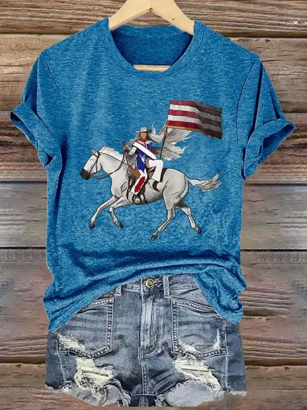 Retro Country Western Music Cowboy Horse And Flag Print T-Shirt