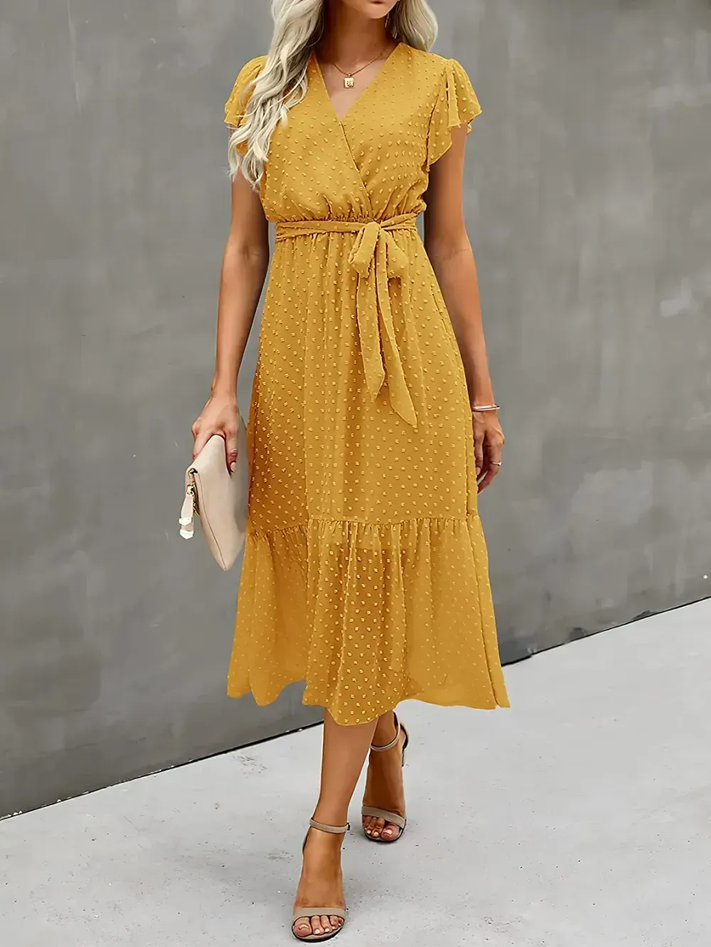 Women Summer Bohemian Floral Casual Wrap V Neck Ruffle Cap Sleeveless Belt A-Line Pleated Hem Swing Midi Sun Dress