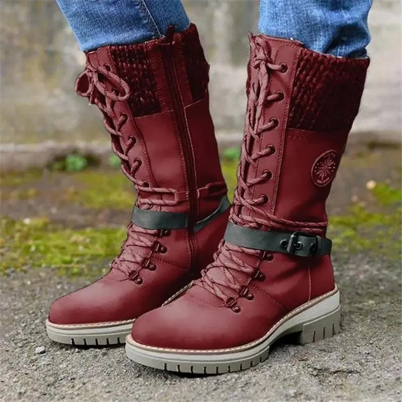 Retro Style Chunky Low Heel Lace Up Knitted Mid-Calf Boots