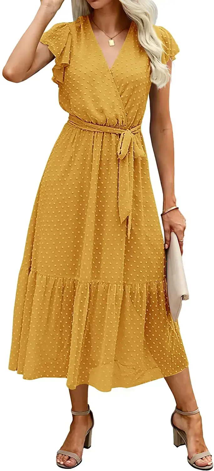 Women Summer Bohemian Floral Casual Wrap V Neck Ruffle Cap Sleeveless Belt A-Line Pleated Hem Swing Midi Sun Dress