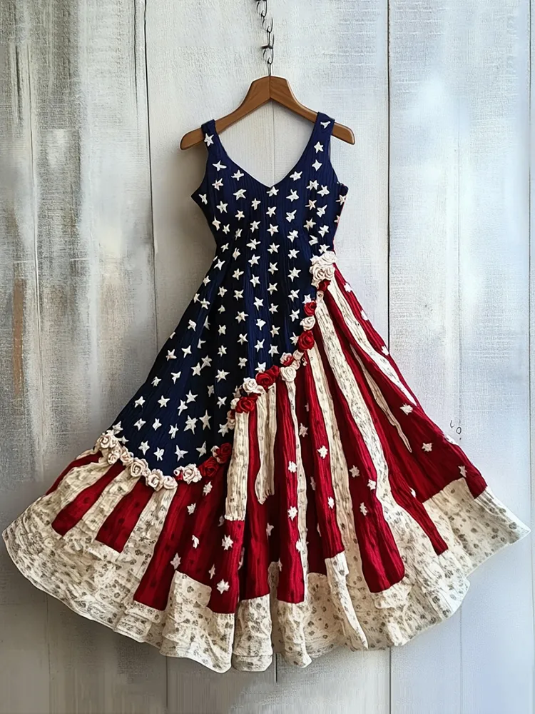 Women's Vintage Independence Day Rose Flowers Art Linen Midi Dress