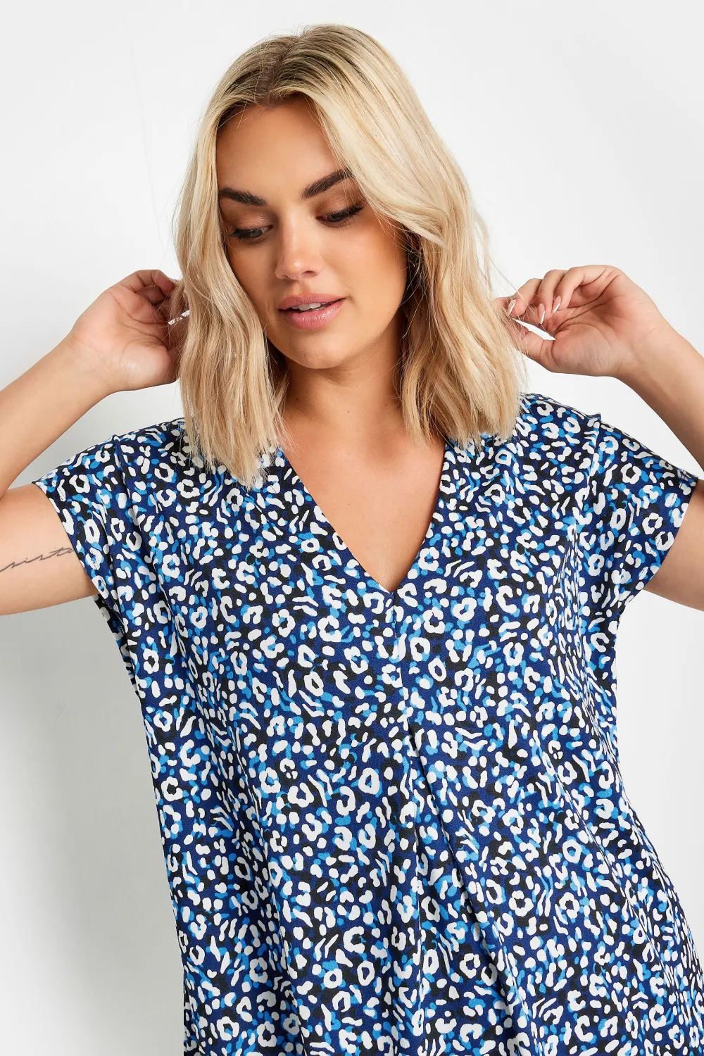 YOURS Curve Blue Leopard Print Pleat Front Blouse