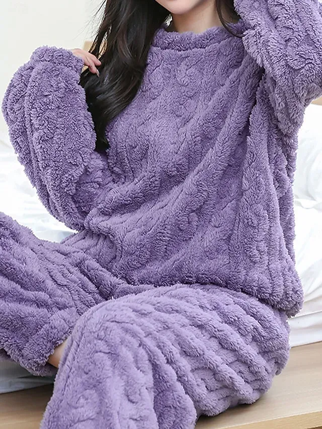 Women's Pajamas Loungewear Pajama Set Pure Color Warm Comfort Sweet Home Comfort Warm Crew Neck Long Sleeve Pullover Pant Winter Home Outfits