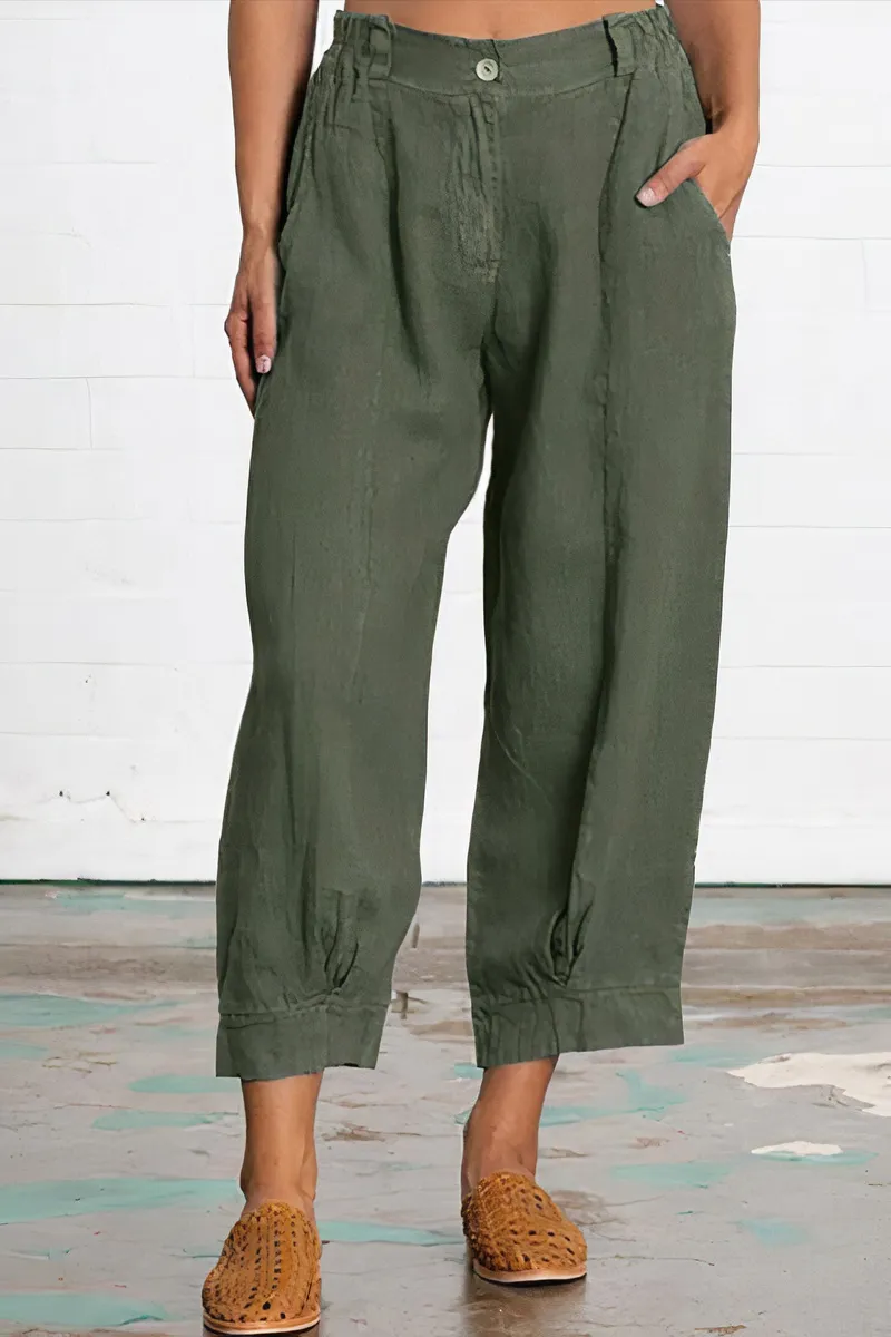 Solid Slant Pocket Elastic Waist Crop Pants