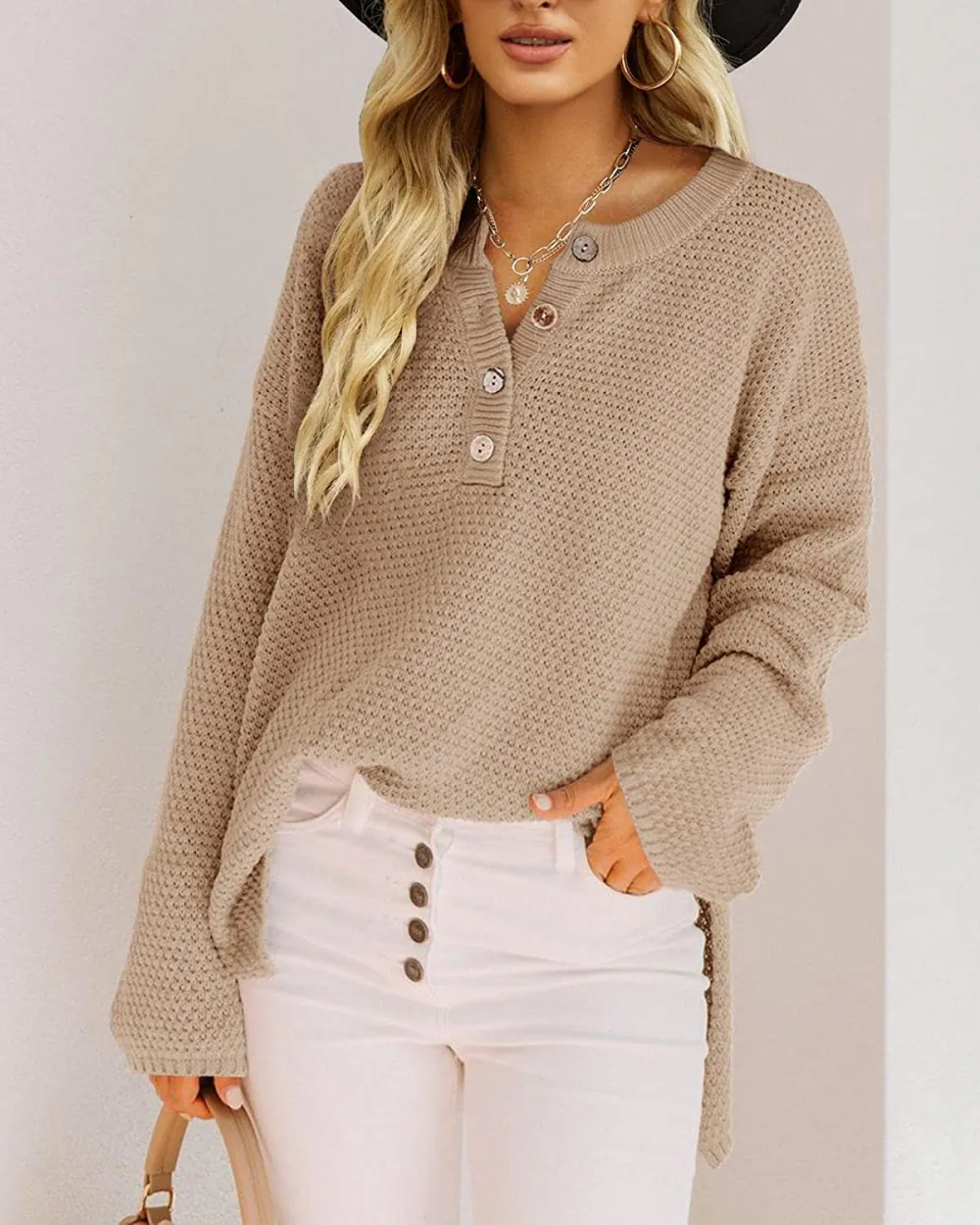 Women's Oversized Sweaters Batwing Long Sleeve Loose V Neck Button Henley Tops Pullover Knit Jumper