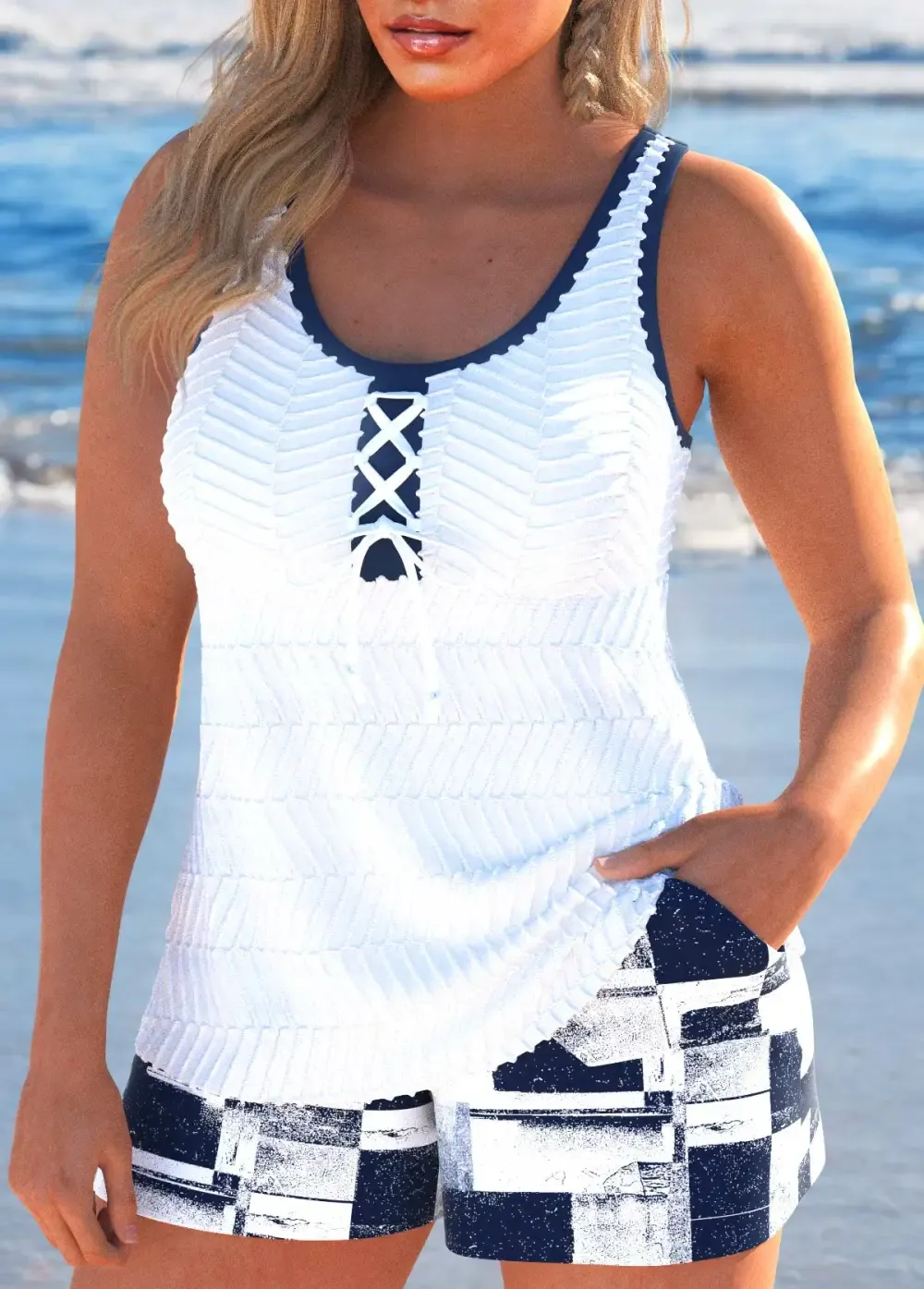 Plus Size Jacquard White Geometric Print Tankini Set