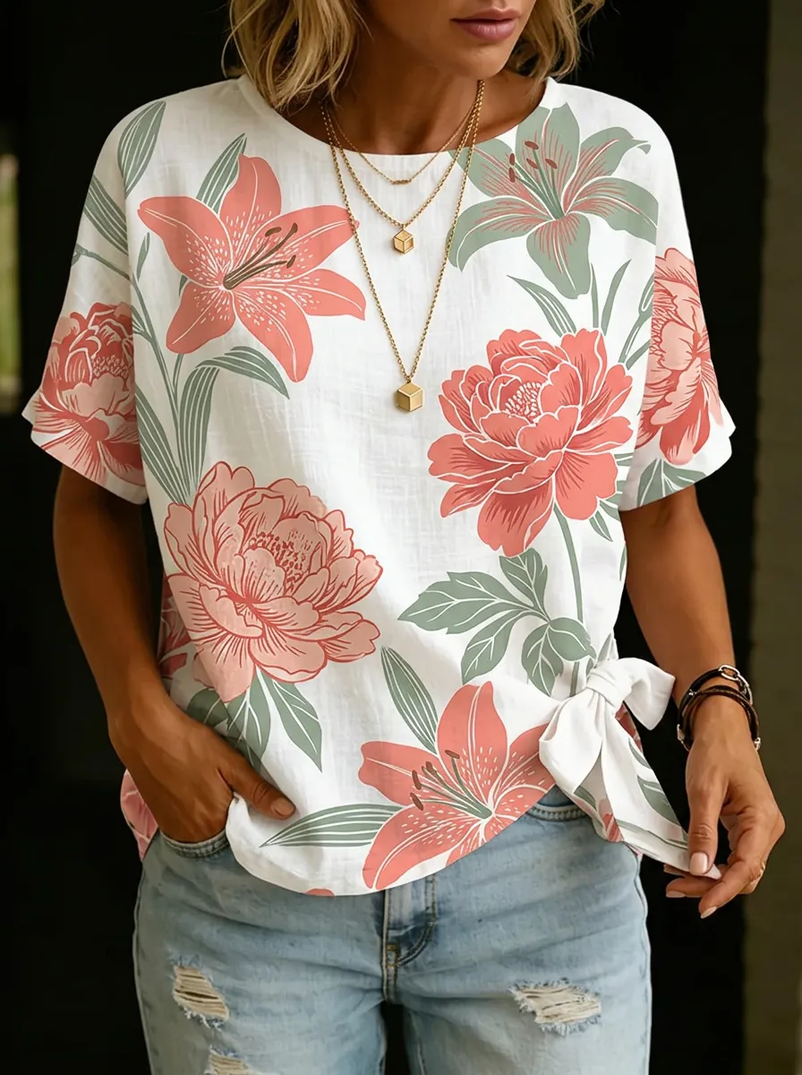 Women's Nashville Floral Lily Peony Printed Tie-Side T-shirt