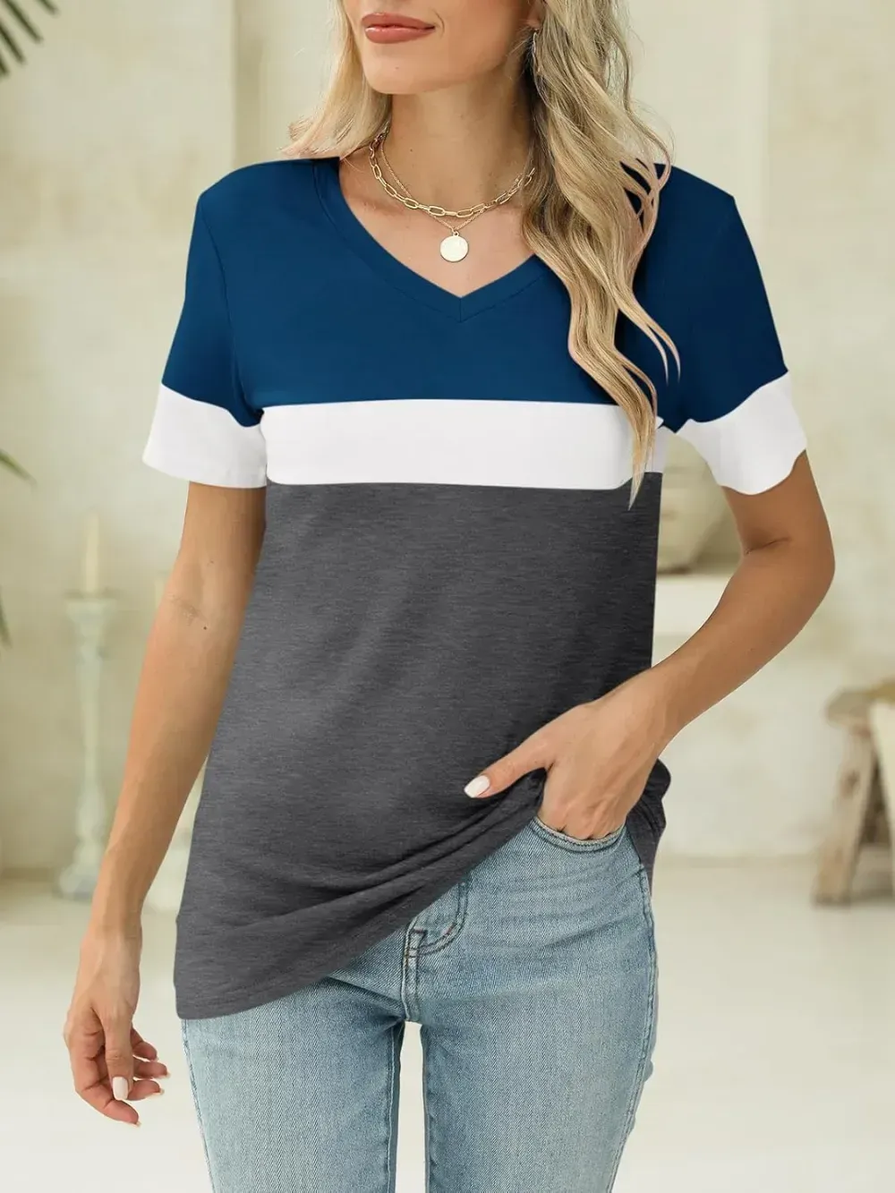 ORANDESIGNE Women's Color Block Short Sleeve T Shirts Casual V Neck Summer Tops Tees Loose Fit Blouses