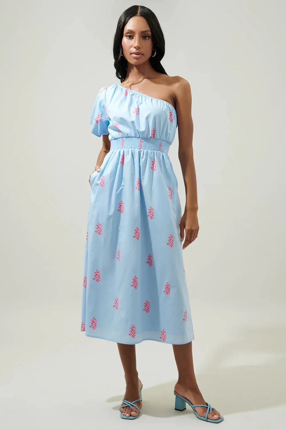 Blue Bridgette One Shoulder Midi Dress