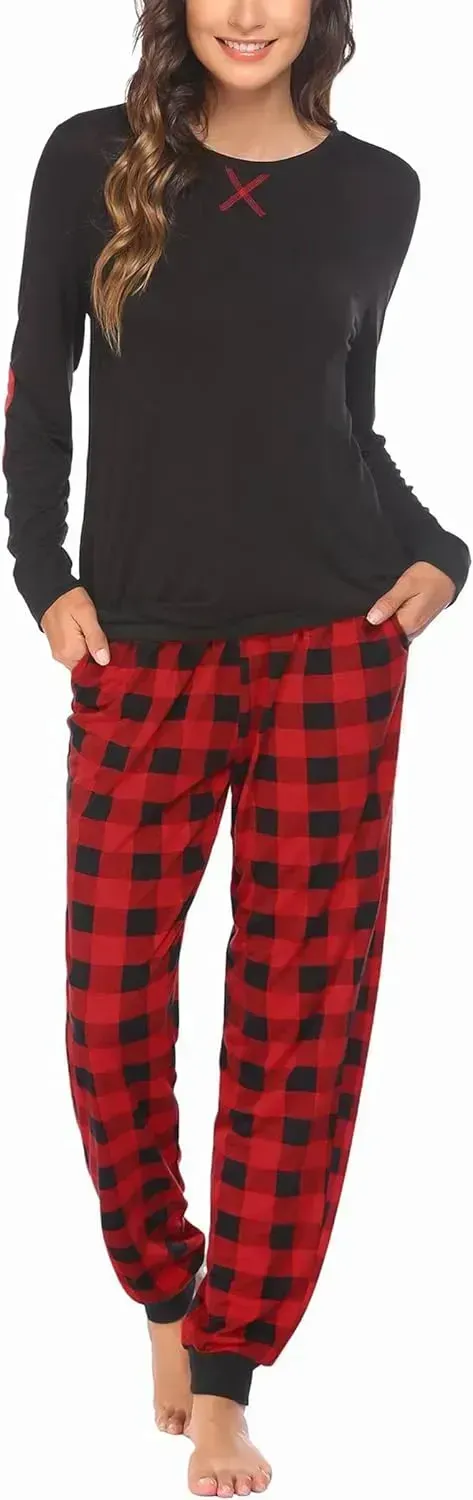 Women's Pajamas Sets Long Sleeve with Plaid Pants Soft Sleepwear O Neck 2 Piece Pjs Joggers Loung Set with Pockets