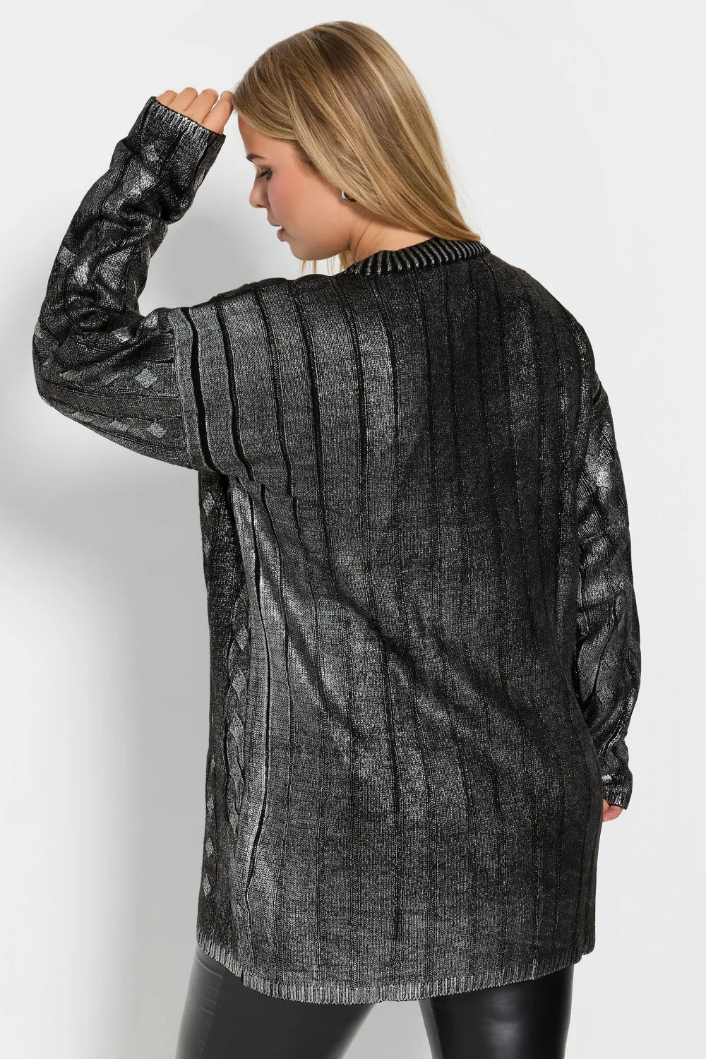 YOURS Curve Charcoal Grey Foil Cable Knit Tunic Jumper