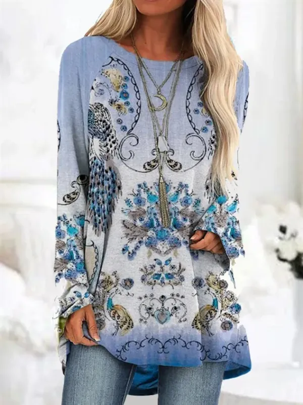 Crew Neck Long Sleeve Random Print Regular Medium Elasticity Loose Shirt For Women