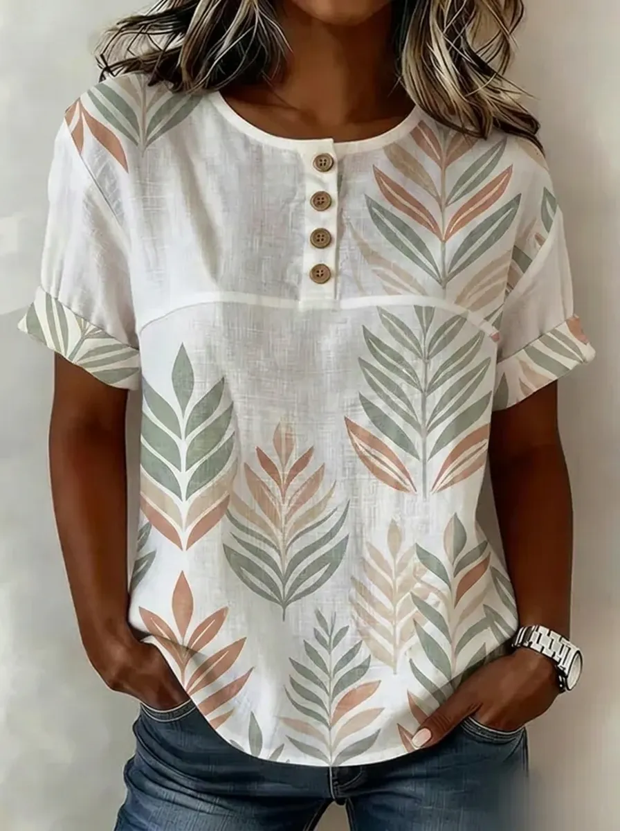 Women's Nashville Botanical Leaf Printed Button-Up Top