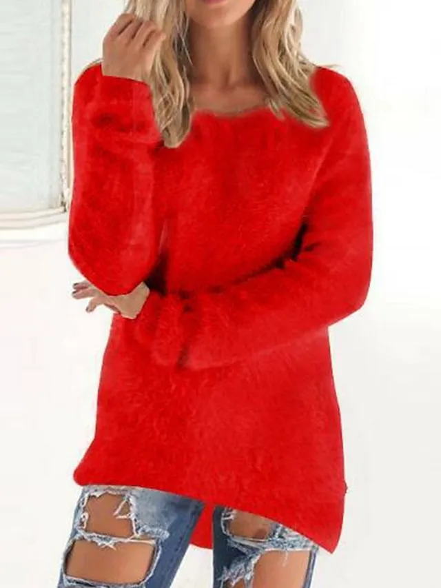 Women's Pullover Sweater Jumper Crew Neck Fuzzy Knit Cotton Oversized Fall Winter Outdoor Daily Going out Stylish Casual Soft Long Sleeve Solid Color Lake blue ArmyGreen