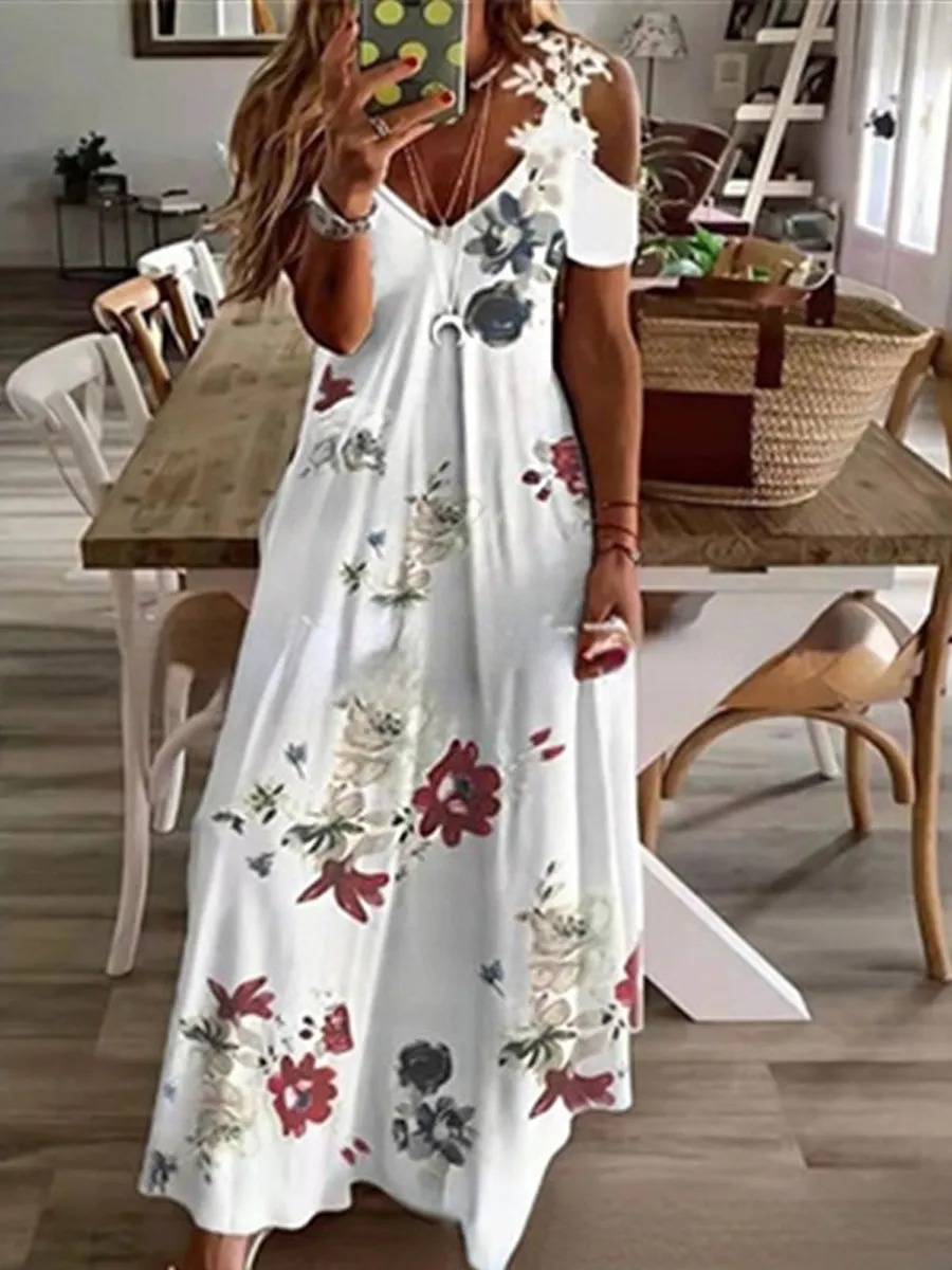 Casual Floral Print Panel V-Neck Short Sleeve Maxi Dress
