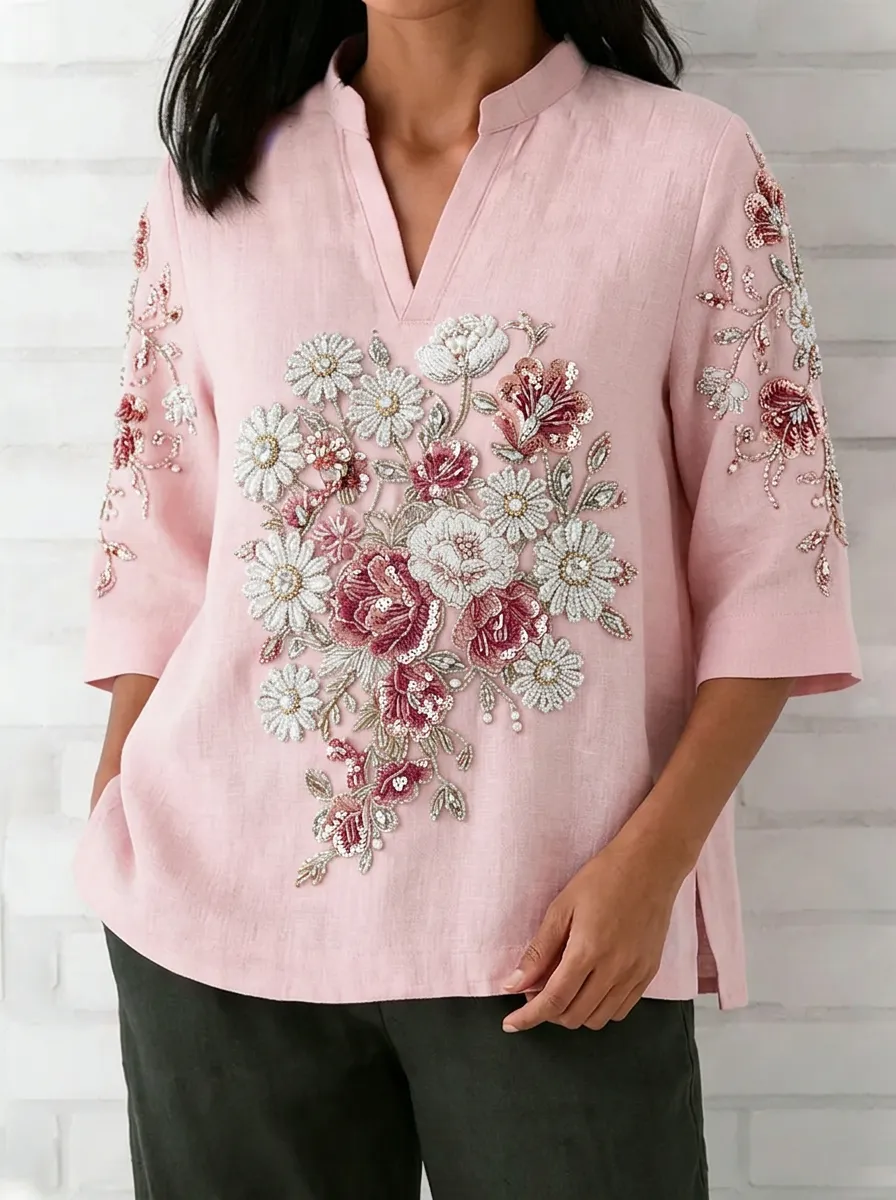 Women's Nashville Floral Sequin Embroidered Linen V-Neck Top