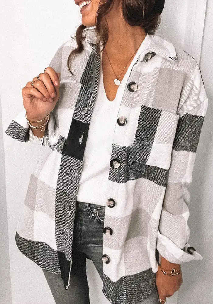 Mitbloom Fashion Lapel Loose Plaid Jacket Tops