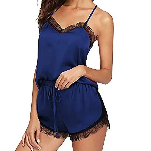 Women's Pajamas Sets Nighty Pjs 2 Pieces Pure Color Simple Comfort Party Home Daily Satin Gift Strap Top Shorts Spring Summer Green Blue / Silk / Casual