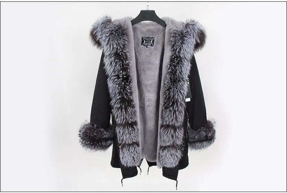 Women's Parka Fox Fur Coats Real Fur Winter Long Black Park Cotton Thick Warm