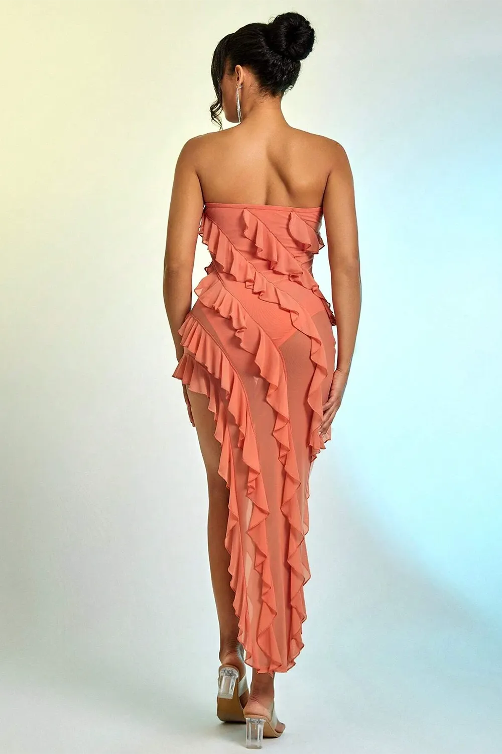 Ruffle Trim Asymmetrical Hem Mesh Tube Dress