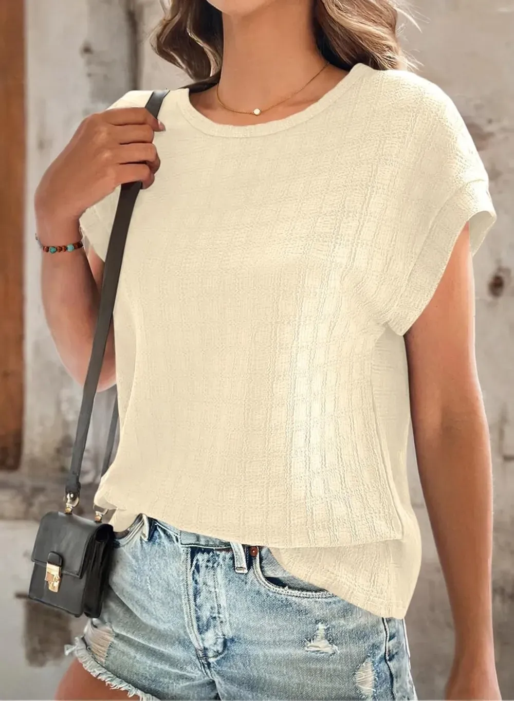 Dokotoo Tops for Women Trendy Summer Casual Cap Short Sleeve Basic Textured Solid Color Round Neck T Shirts Blouse
