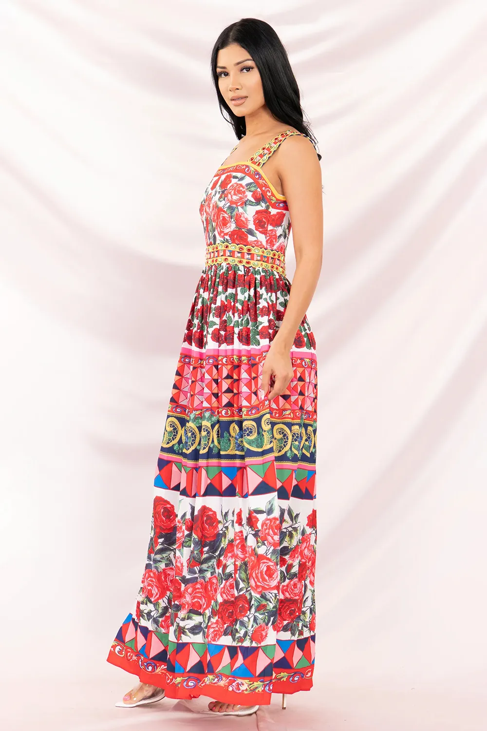 Fragmented Sleeveless Square Neck Printed Beaded Special Pleated Casual Dress