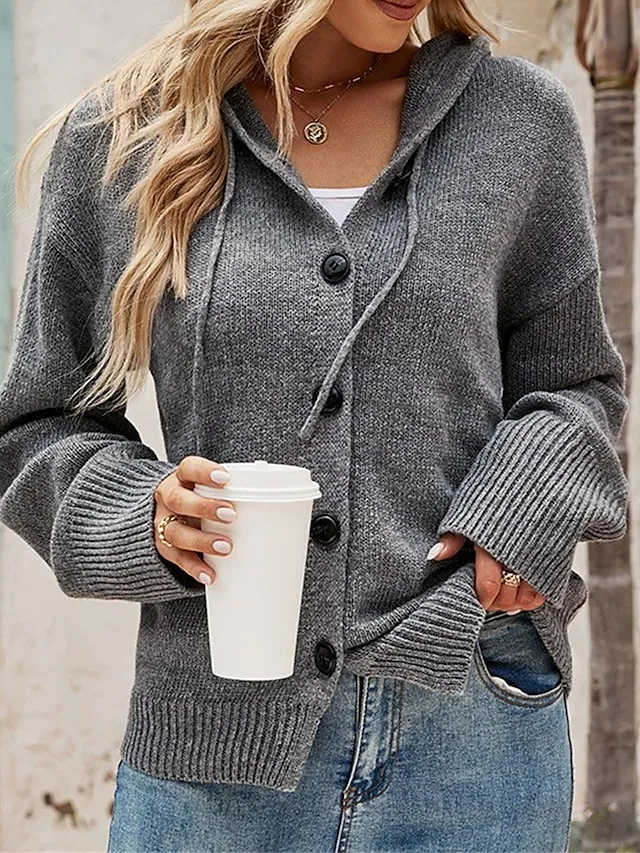 Women's Cardigan Sweater Jumper Ribbed Knit Regular Button Solid Color Hooded Stylish Casual Outdoor Daily Fall Winter Black White S M L