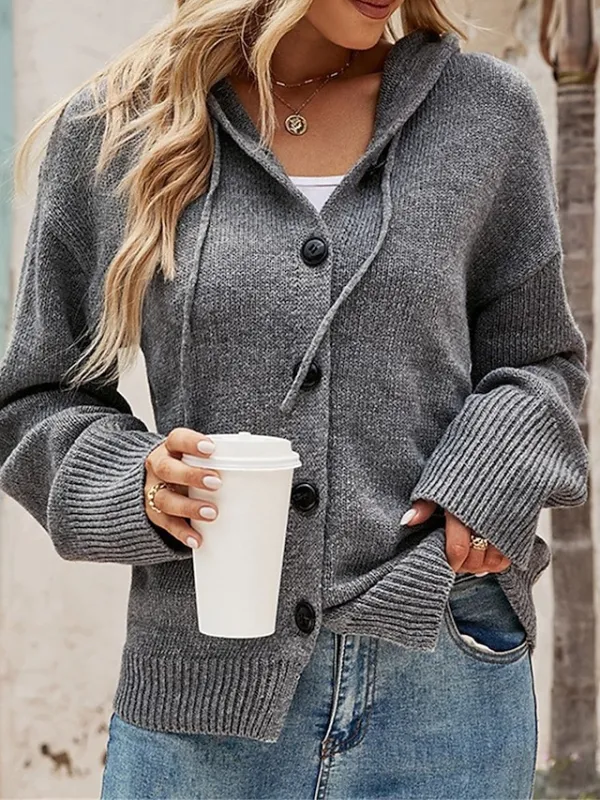 Women's Cardigan Sweater Jumper Ribbed Knit Regular Button Solid Color Hooded Stylish Casual Outdoor Daily Fall Winter Black White S M L