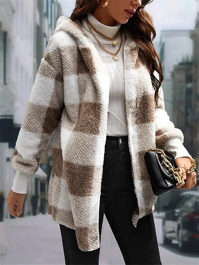 Women's Fleece Jacket Teddy Coat Hoodie Jacket Warm Breathable Street Daily Wear Vacation Going out Pocket Fleece Lined Open Front Hoodie Casual Street Style Stripes and Plaid Regular Fit Outerwear