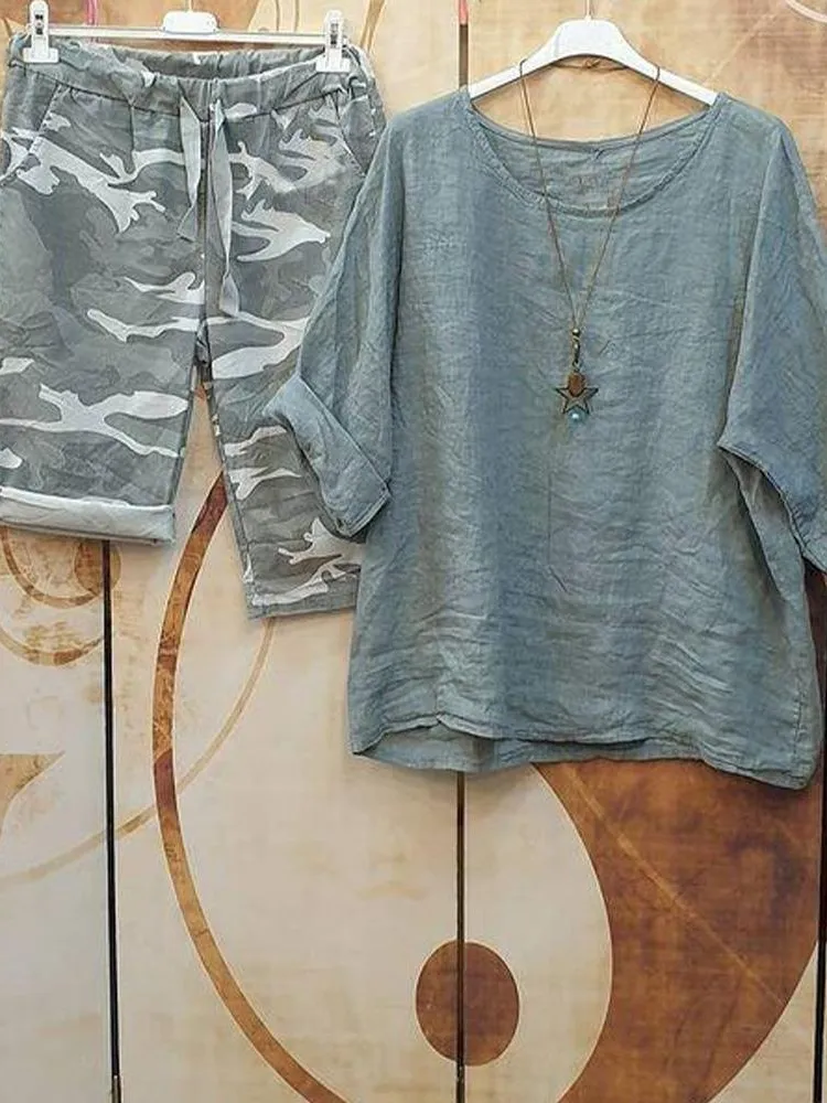 Cotton Linen Shirt & Pants Relaxed Fit S-5XL Relax Fit Pants & Short Solid Sleeve Shirt Suit Cotton Linen Two-piece Matching Set