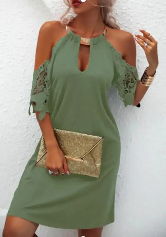 Newtown Metal Hanging Neck Hollow Out Sleeve Dress