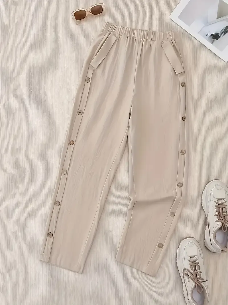 Women's Casual Button-Up Pants with Pockets - Straight Leg Polyester Blend, Brown, Elastic Waistband, All-Season Comfort, Elegant Design for Casual Attire, Cute Pants
