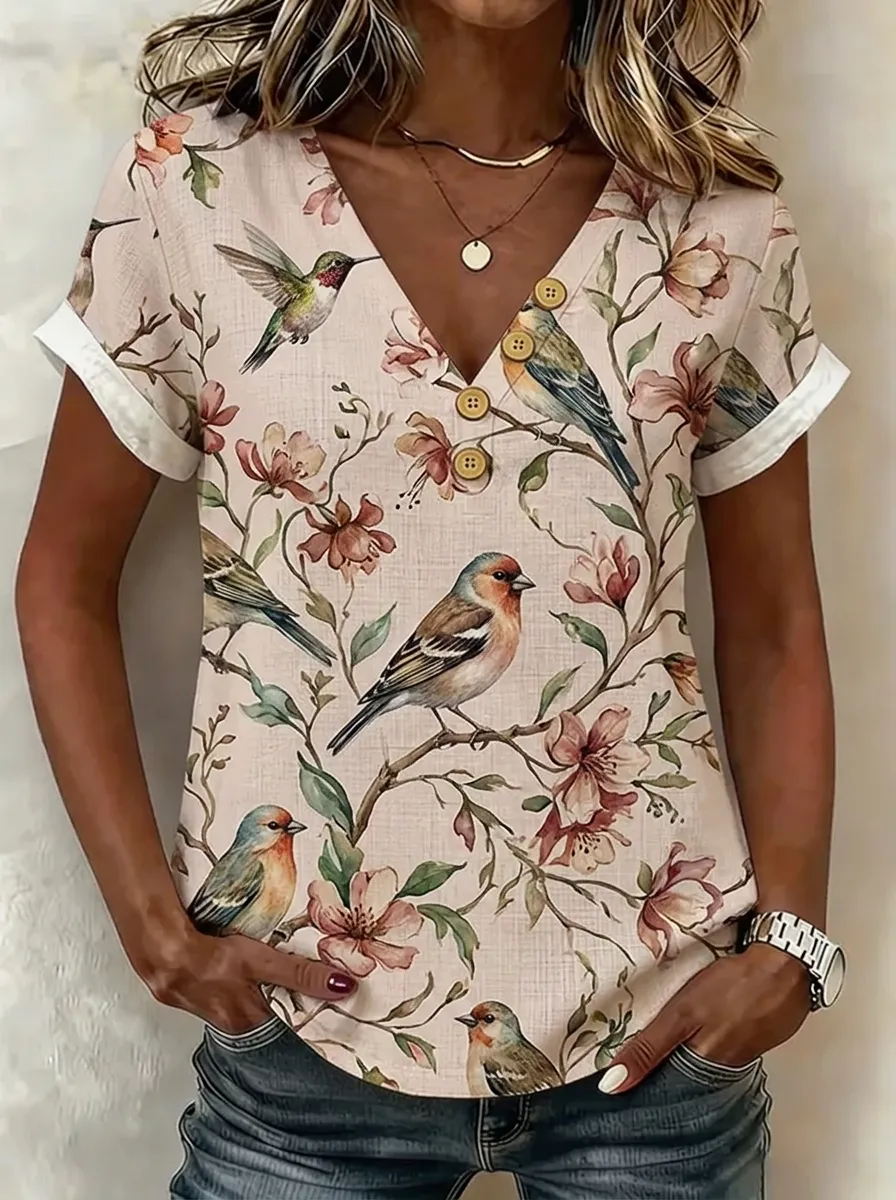 Women's Nashville Nature Bird Floral Printed V-Neck Top
