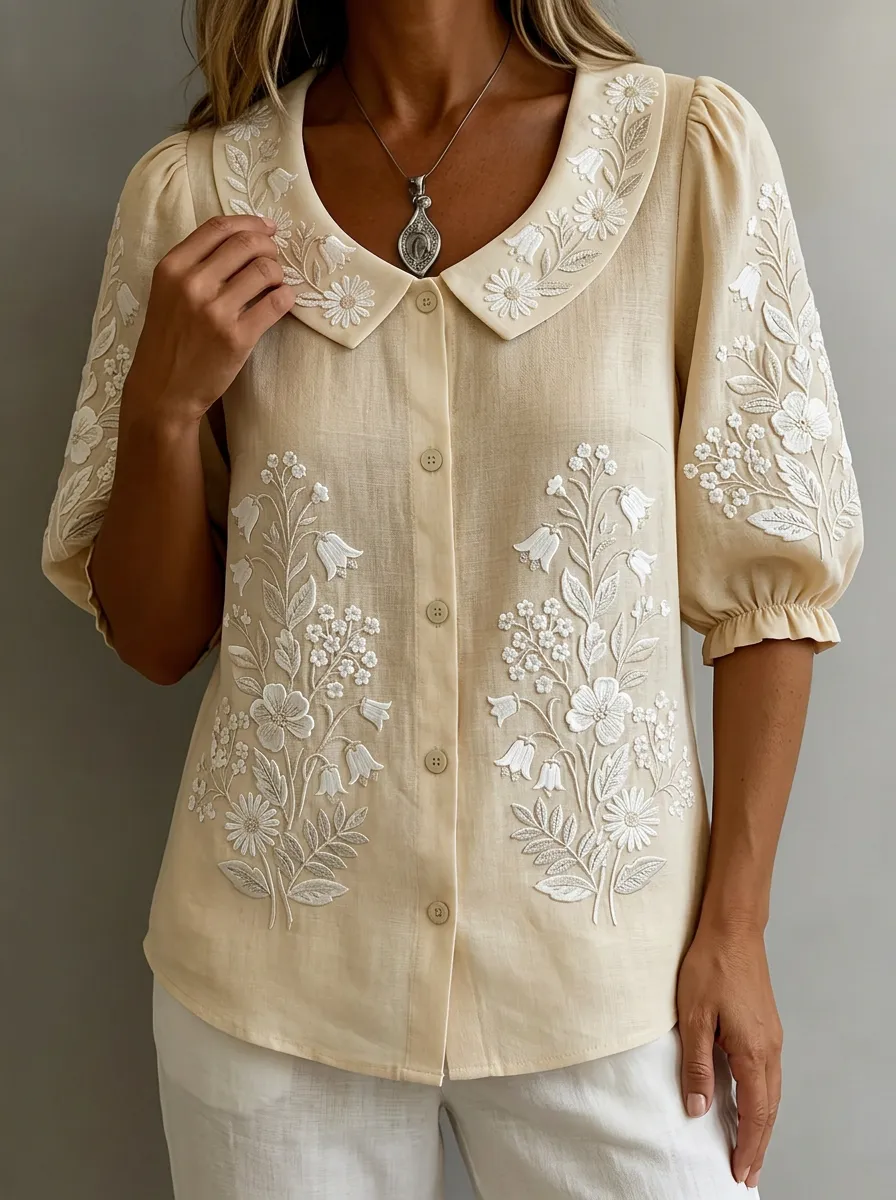 Women's Nashville Floral Embroidery Printed Button-up Shirt