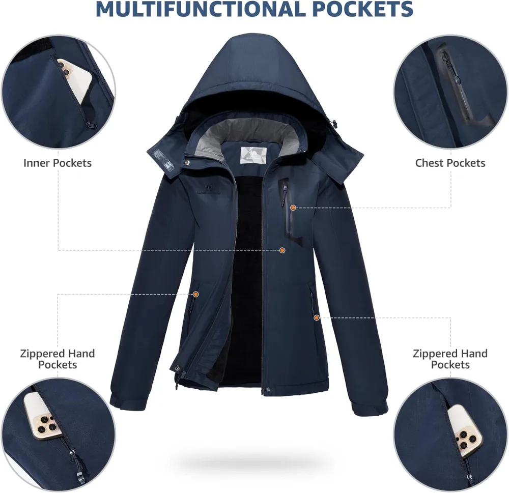 Women's Waterproof Mountain Ski Snow Jacket with Fleece Outdoor Windproof Raincoat Hooded for Fall and Winter