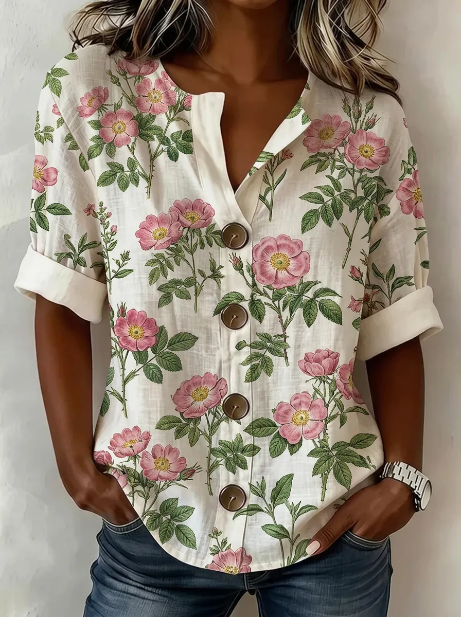 Women's Nashville Floral Botanical Printed Button-Up Shirt